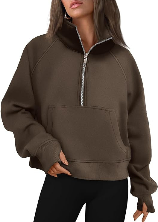 Sweat à capuche femme en polaire oversize raccourci avec demi-fermeture éclair, col montant, poche kangourou et poignets avec trou pour le pouce Echo Archiv