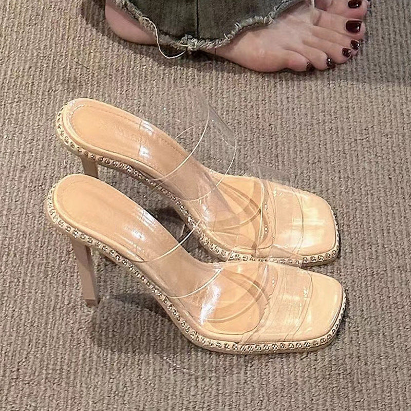 Mules transparentes élégantes pour femmes avec bride scintillante R&B