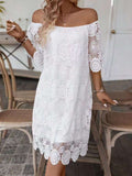 Robe midi en crochet sans épaules pour femmes avec décolleté Carmen et bordure en dentelle florale R&B
