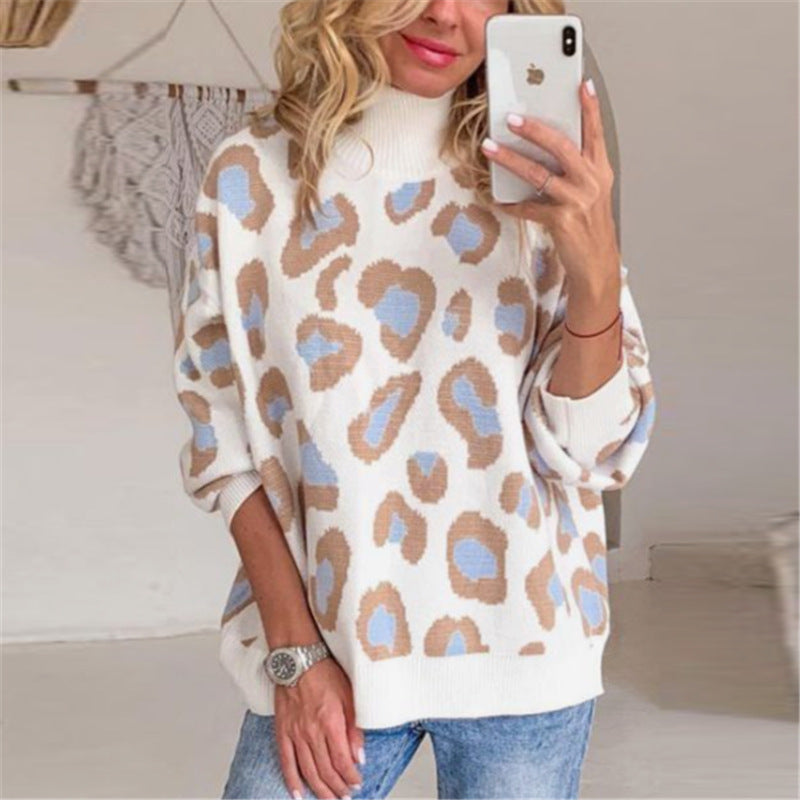 Pull à col roulé oversize pour femmes avec jacquard léopard et bordures côtelées Echoarchiv