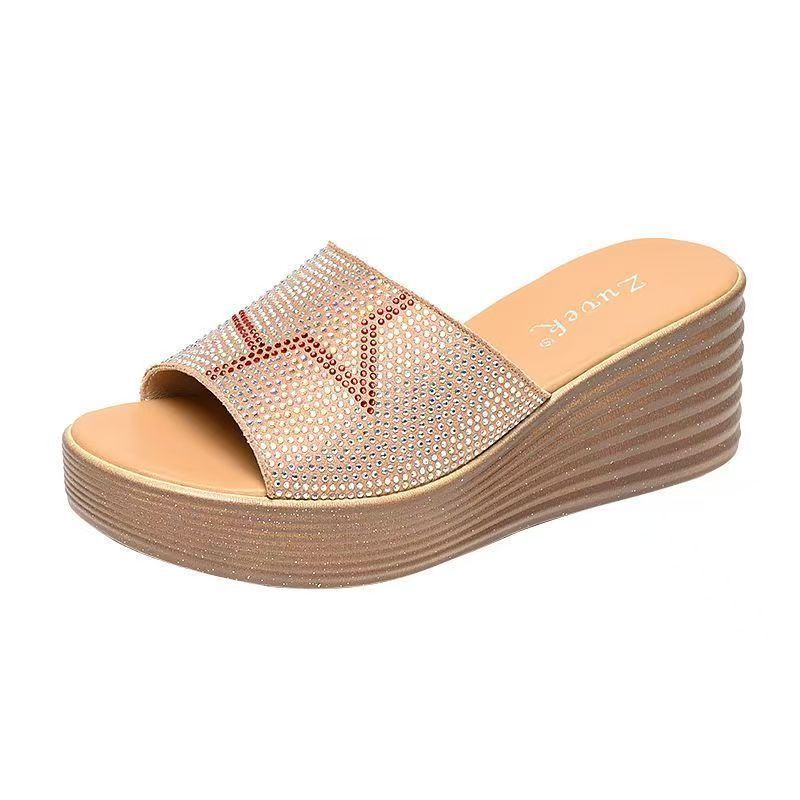 Pantoufles à talons compensés pour femmes avec strass scintillants et semelle antidérapante R&B