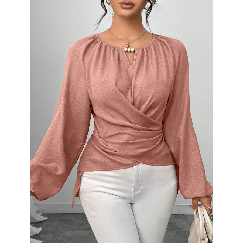 Blouse wrap cintrée pour femmes avec détail de perles et manches ballon Echoarchiv
