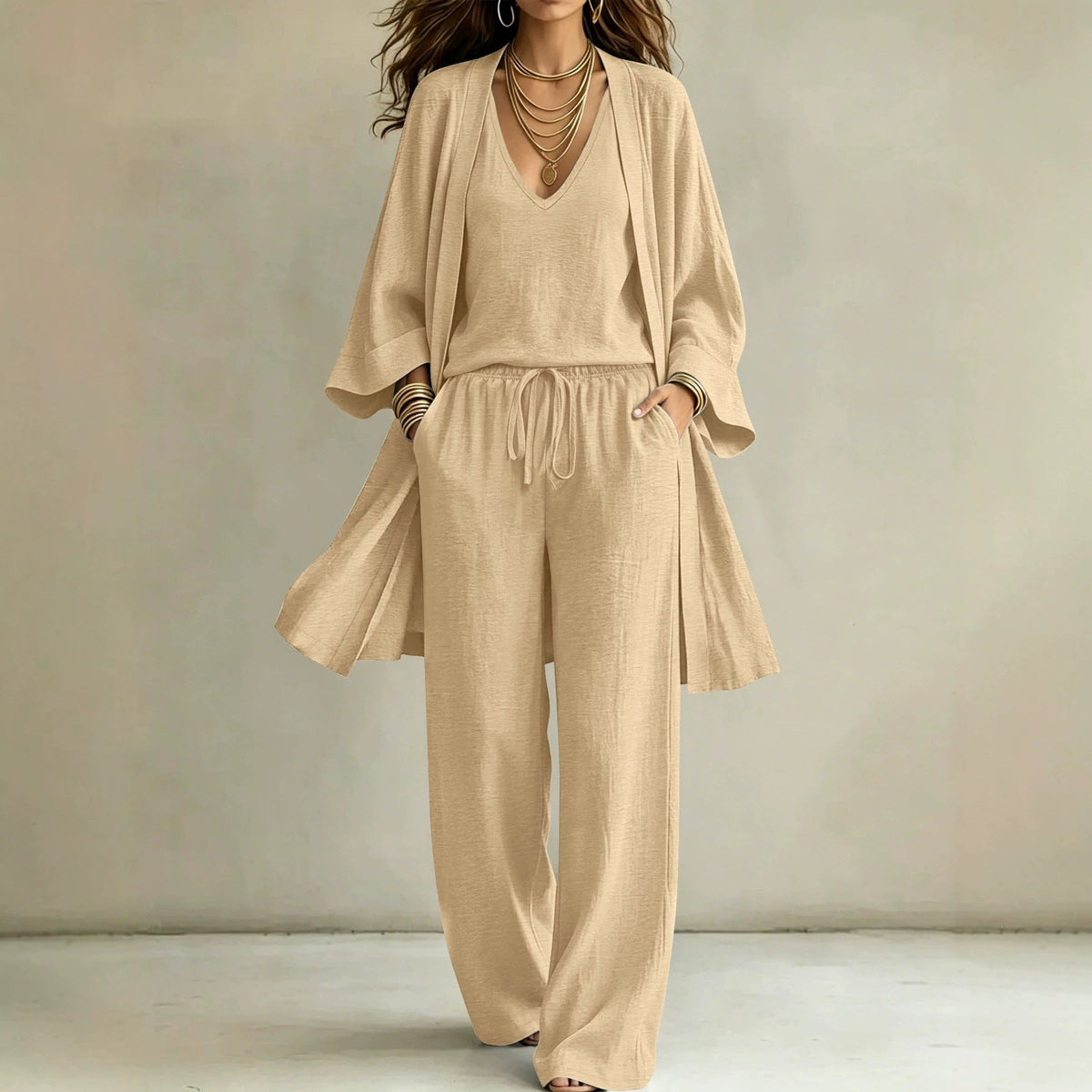 Ensemble de détente décontracté pour femmes avec cardigan kimono, t-shirt à col en V et pantalon large Echoarchiv
