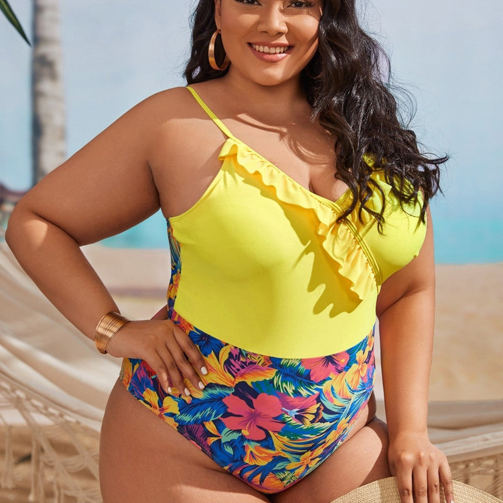 Maillot de bain une pièce pour femmes à taille haute avec détails en volants et motifs floraux Echo Archiv