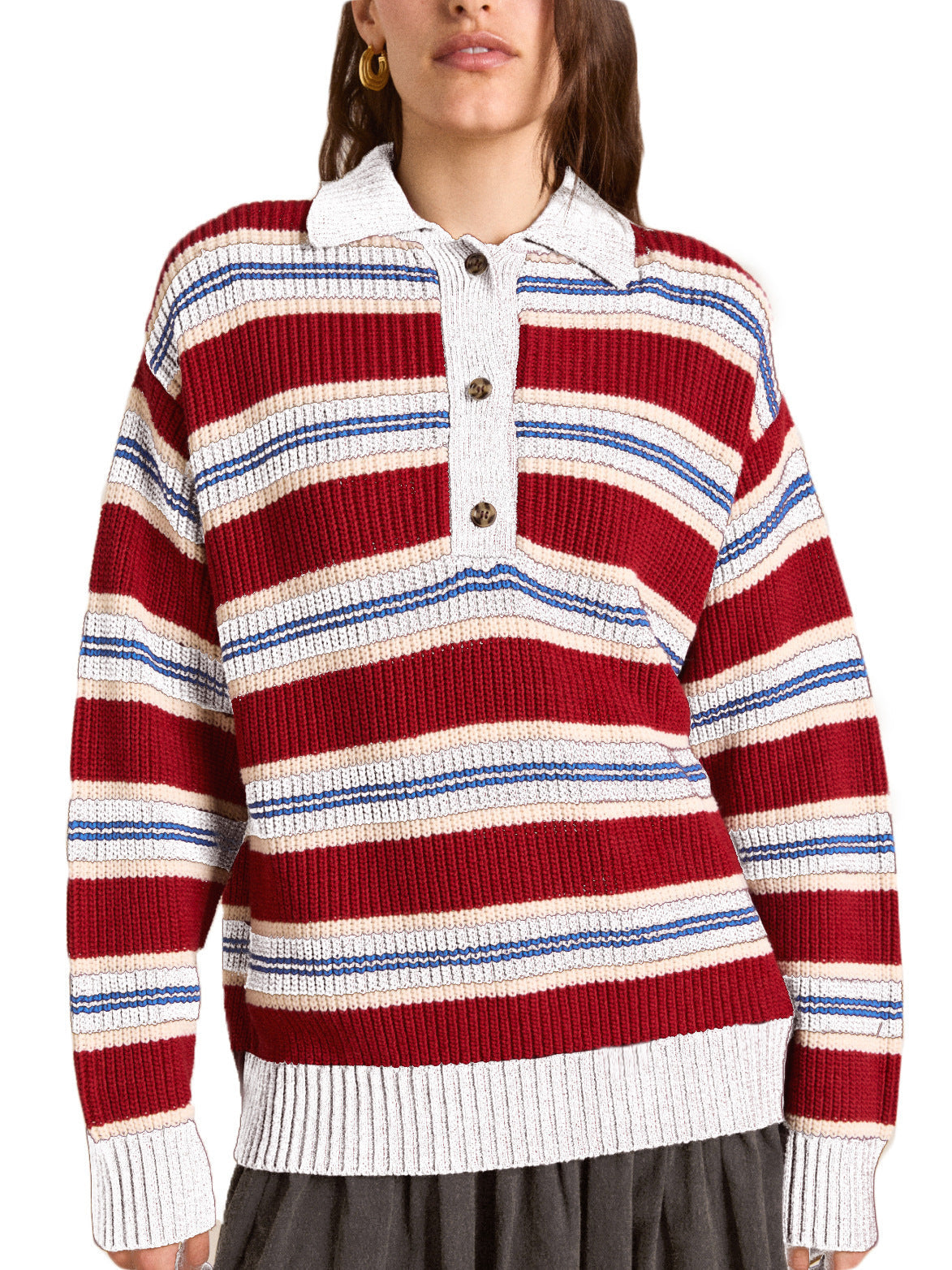 Pull en tricot oversize pour femmes avec col polo et relief à rayures multistrates Echoarchiv