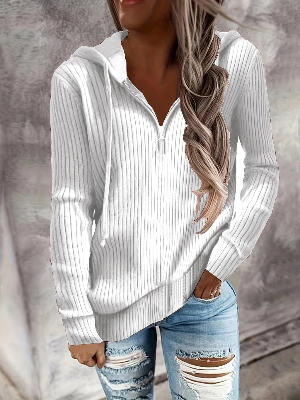 Hoodie à col montant en tricot côtelé pour femmes avec fermeture éclair mi-haute et tirette en anneau Echoarchiv