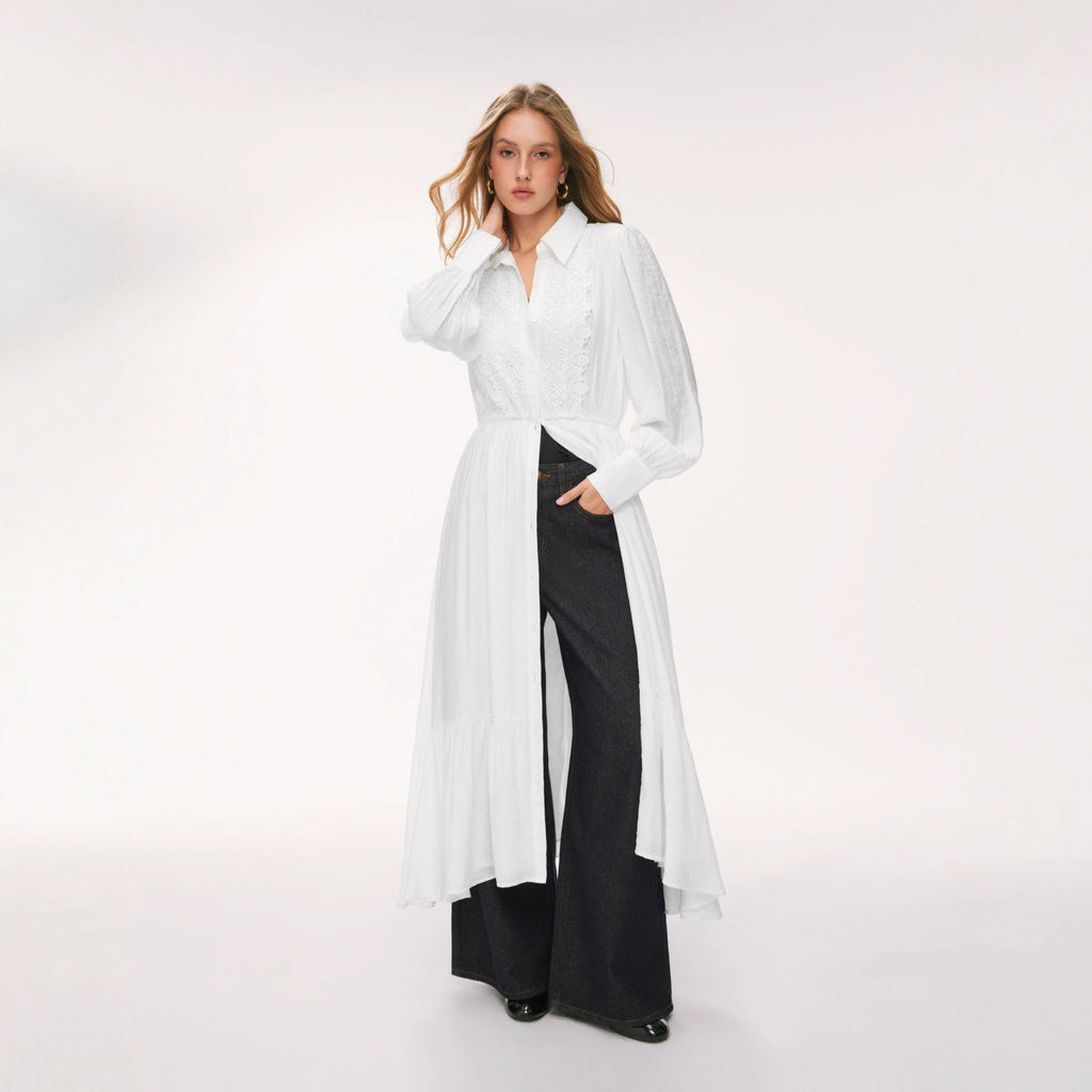 Robe chemise longue pour femmes avec dentelle, taille cintrée et jupe à volants