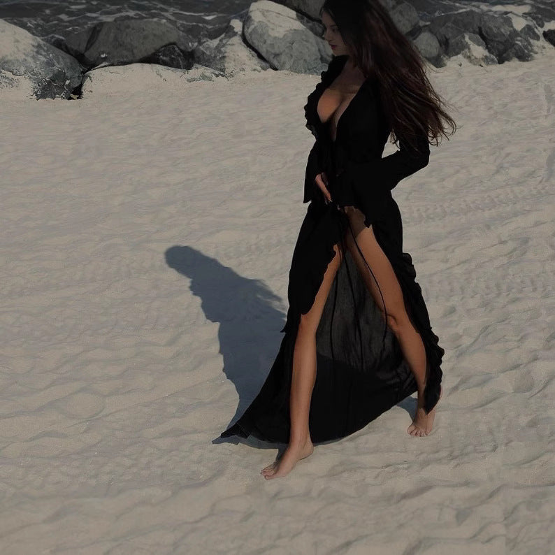 Robe de plage pour femmes avec des volants raffinés et un décolleté en V profond R&B