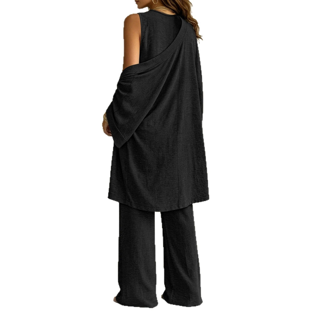 Ensemble de détente décontracté pour femmes avec cardigan kimono, t-shirt à col en V et pantalon large Echoarchiv