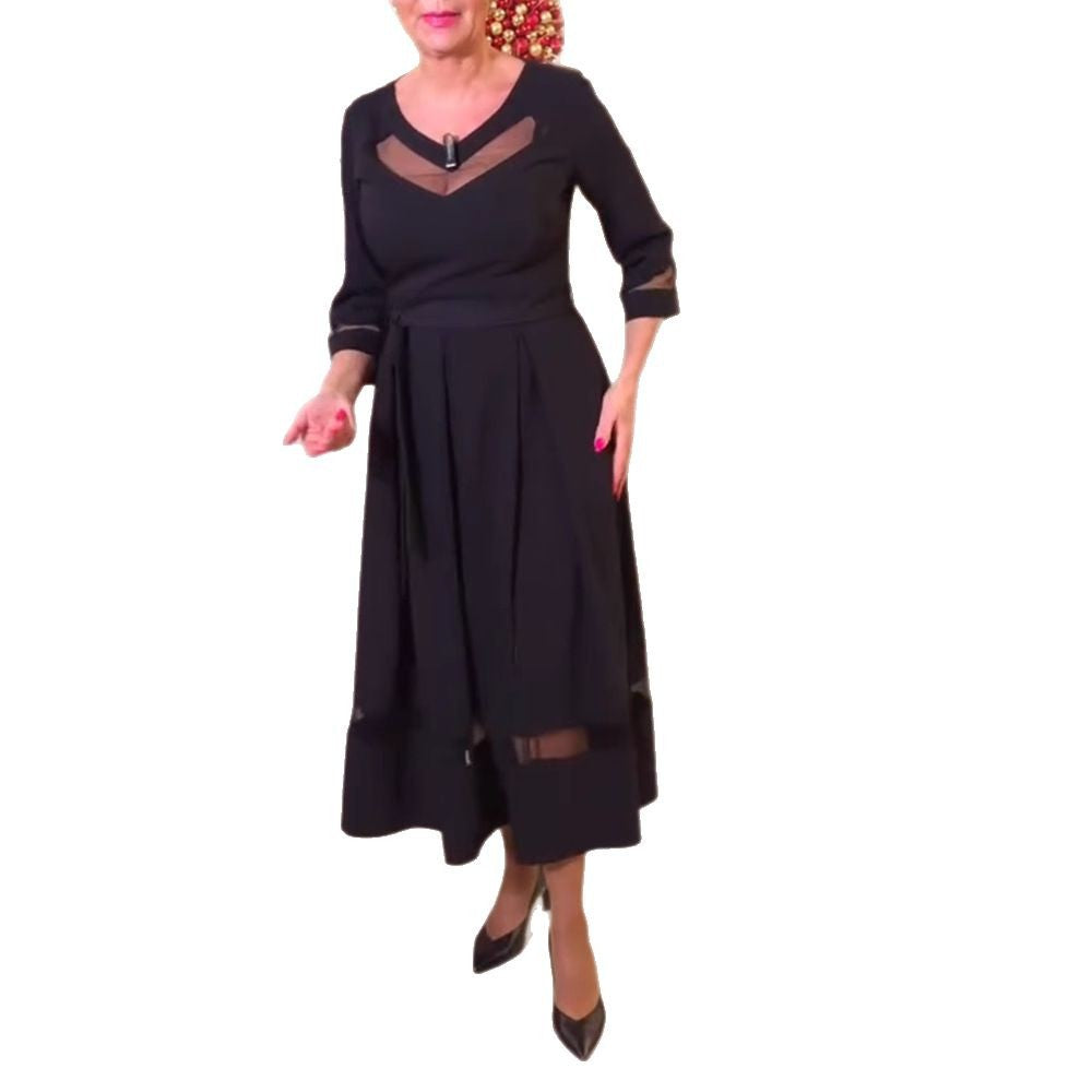 Robe midi cintrée pour femmes avec inserts en mesh transparent, ceinture à nouer et coupe A féminine R&B