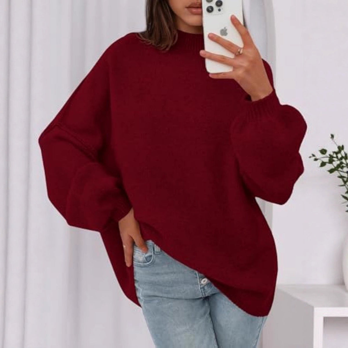 Pull en maille oversize pour femmes avec col montant et manches ballon