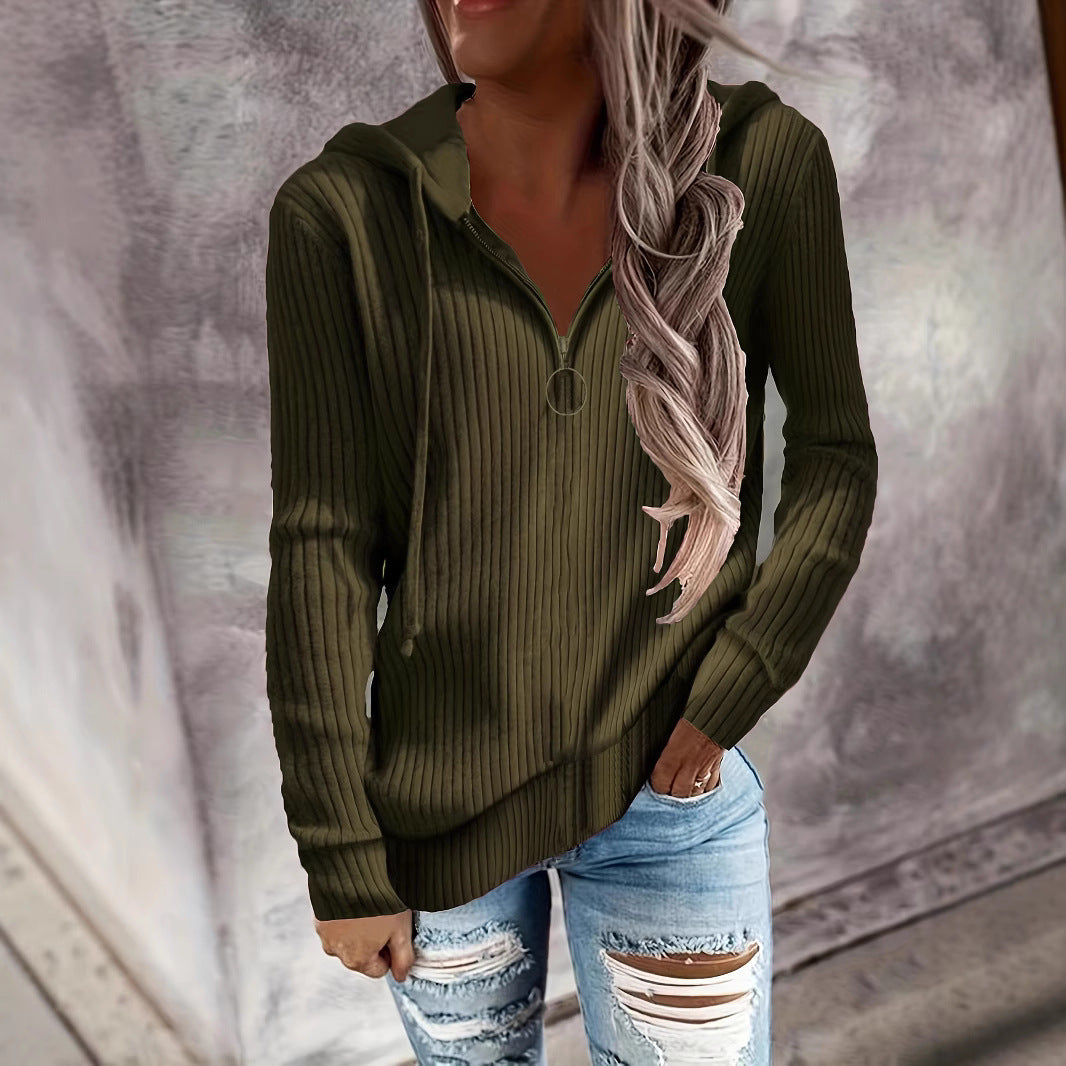 Hoodie à col montant en tricot côtelé pour femmes avec fermeture éclair mi-haute et tirette en anneau Echoarchiv