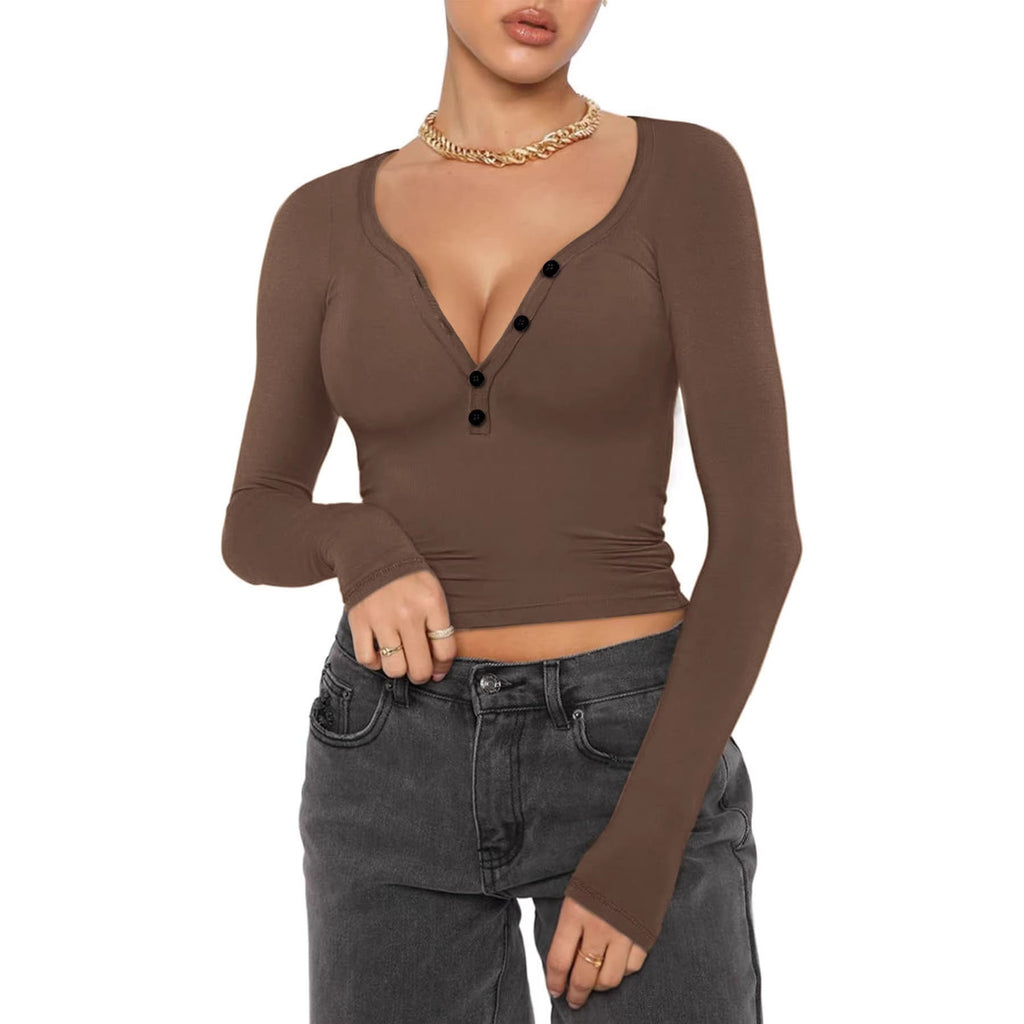 T-shirt à manches longues ajusté pour femmes avec patte de boutonnage Henley et décolleté en V profond Echo Archiv