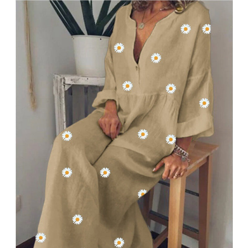 Robe maxi en look lin pour femmes avec décolleté en V profond, taille empire décontractée et imprimé marguerites Echo Archive