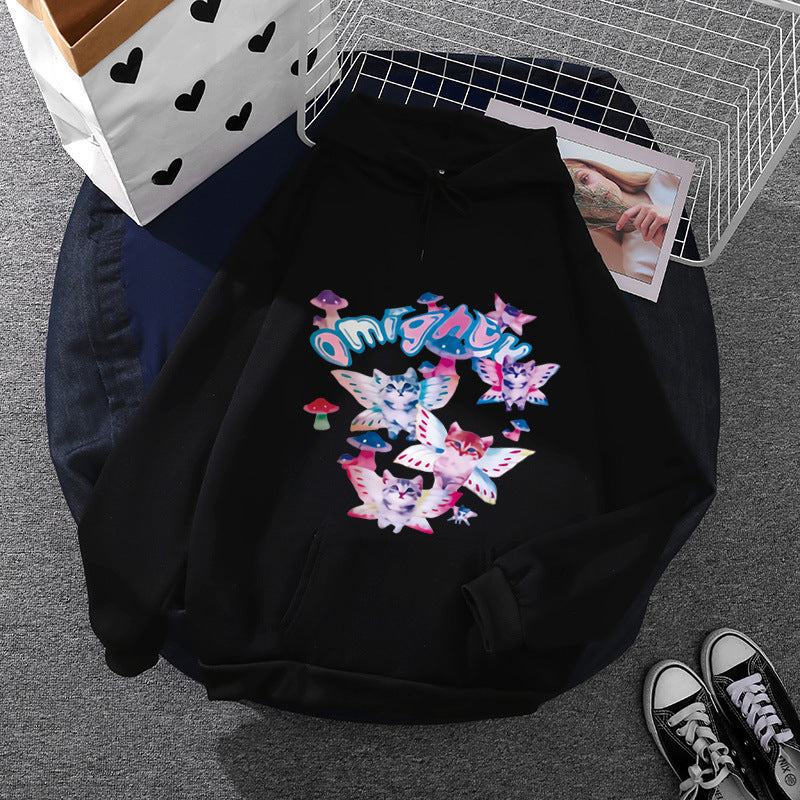 Sweat à capuche pour femmes avec un imprimé ludique de chat et de papillon et poche kangourou Echo Archiv