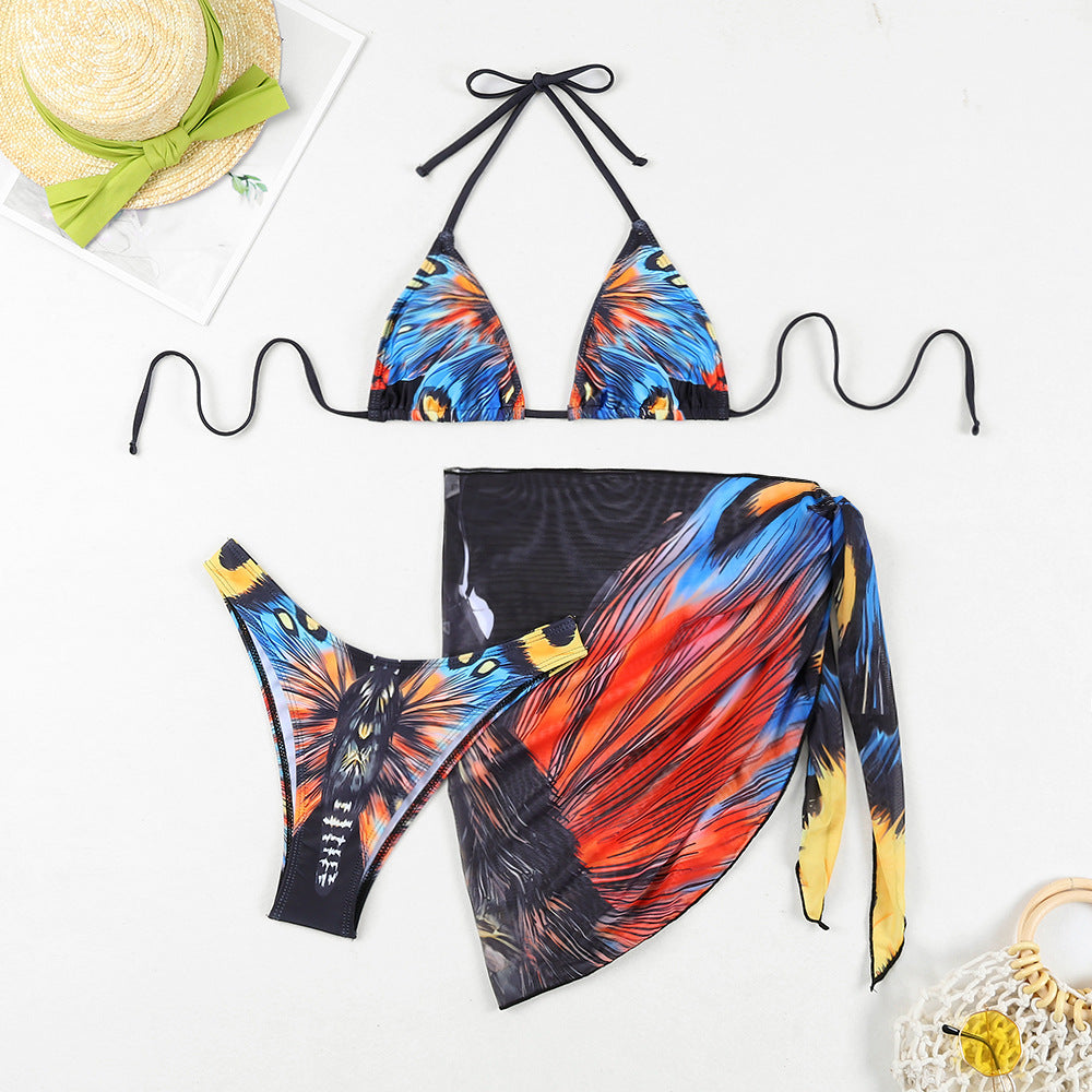 Ensemble bikini triangle pour femmes avec impression papillon excitante et pareo assorti R&B