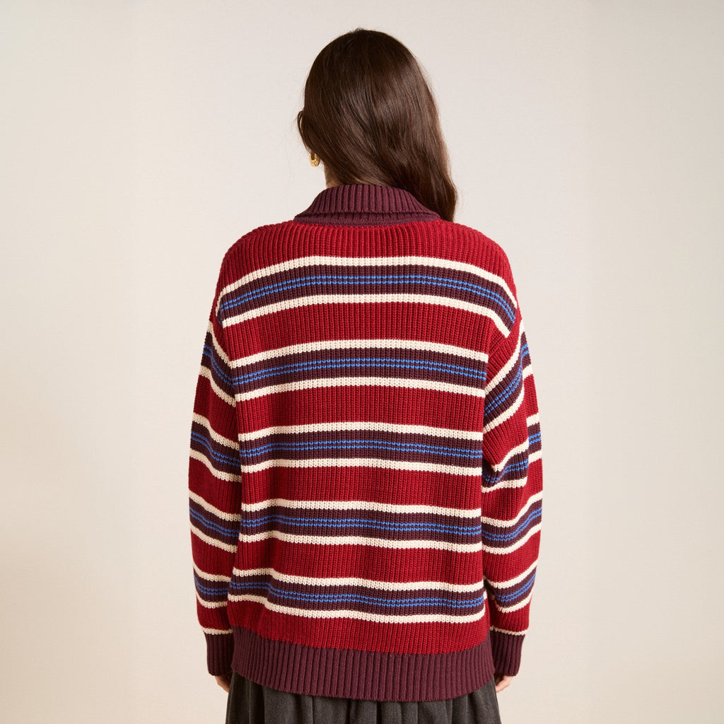 Pull en tricot oversize pour femmes avec col polo et relief à rayures multistrates Echoarchiv