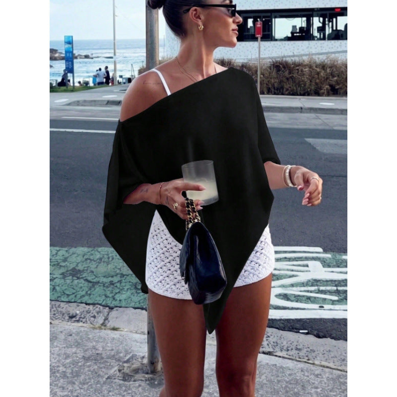Top poncho asymétrique à épaules nues pour femmes en tricot léger Echoarchiv