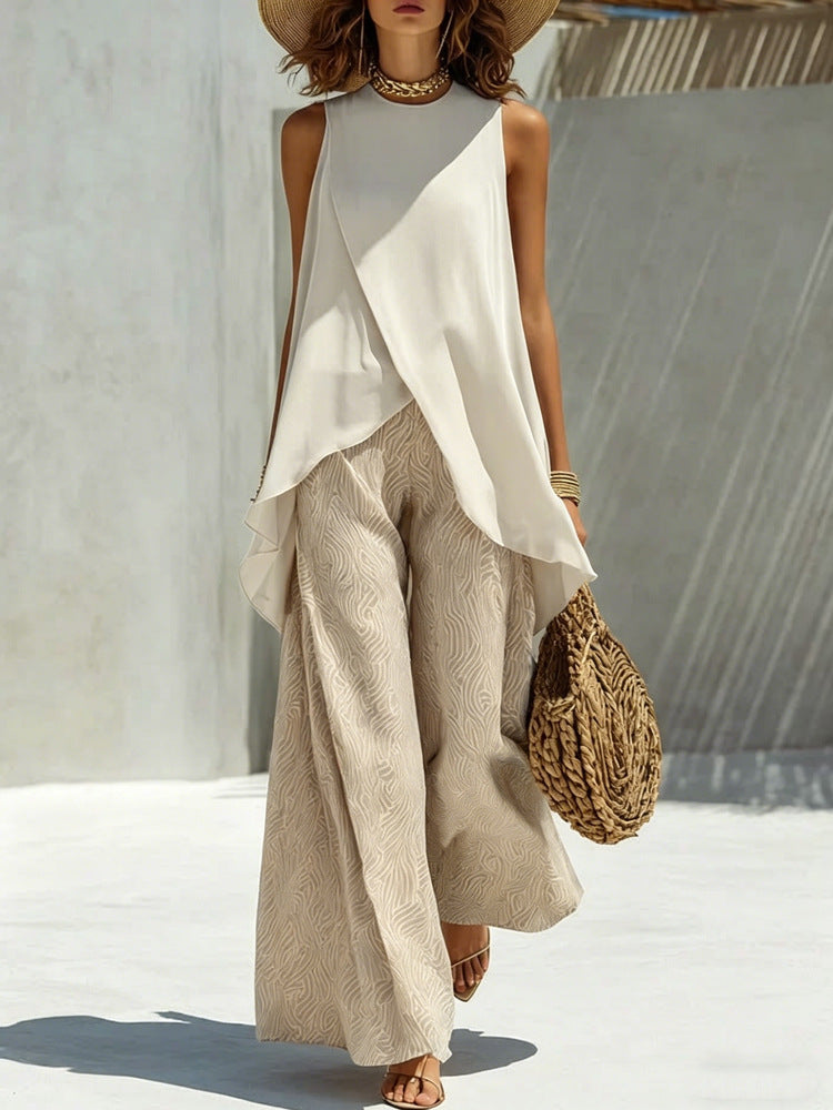 Ensemble élégant et léger pour femmes avec top asymétrique et pantalons larges R&B