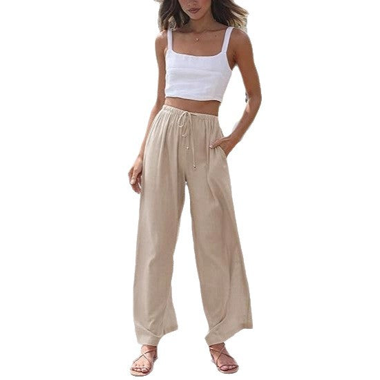 Pantalon Relax en lin mélangé pour femmes avec cordon de serrage et poches latérales