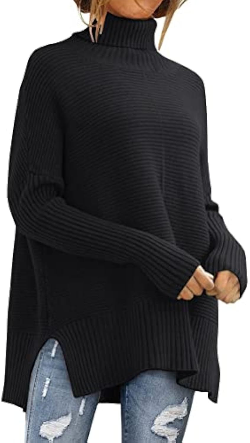 Pull à col roulé oversize en maille côtelée pour femmes avec fentes latérales et ourlet allongé