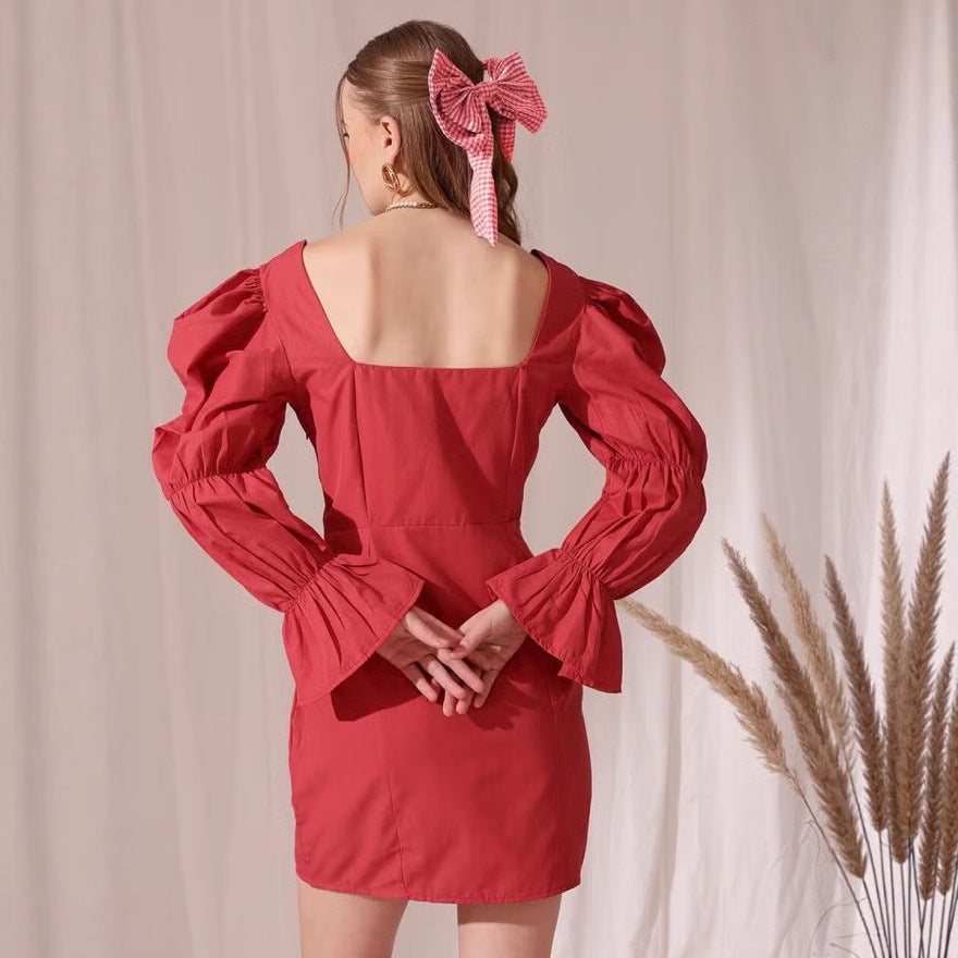 Robe mini à manches bouffantes pour femmes avec décolleté carré, bustier à cordon et manches cloche