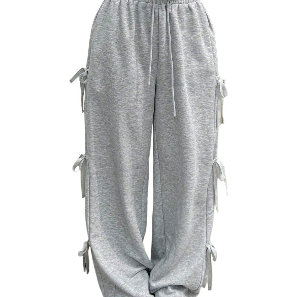 Pantalon lounge large pour femmes avec taille élastique, cordon de serrage et nœuds décoratifs sur les côtés