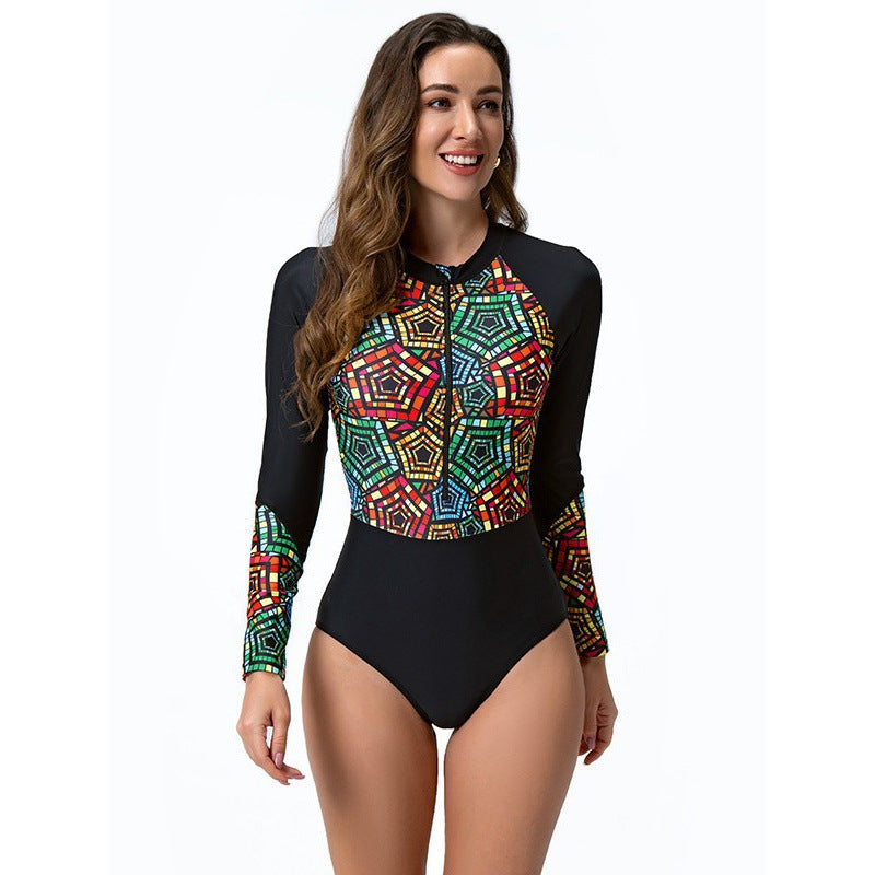 Maillot de bain à manches longues pour femmes avec fermeture éclair stylée et motif coloré R&B