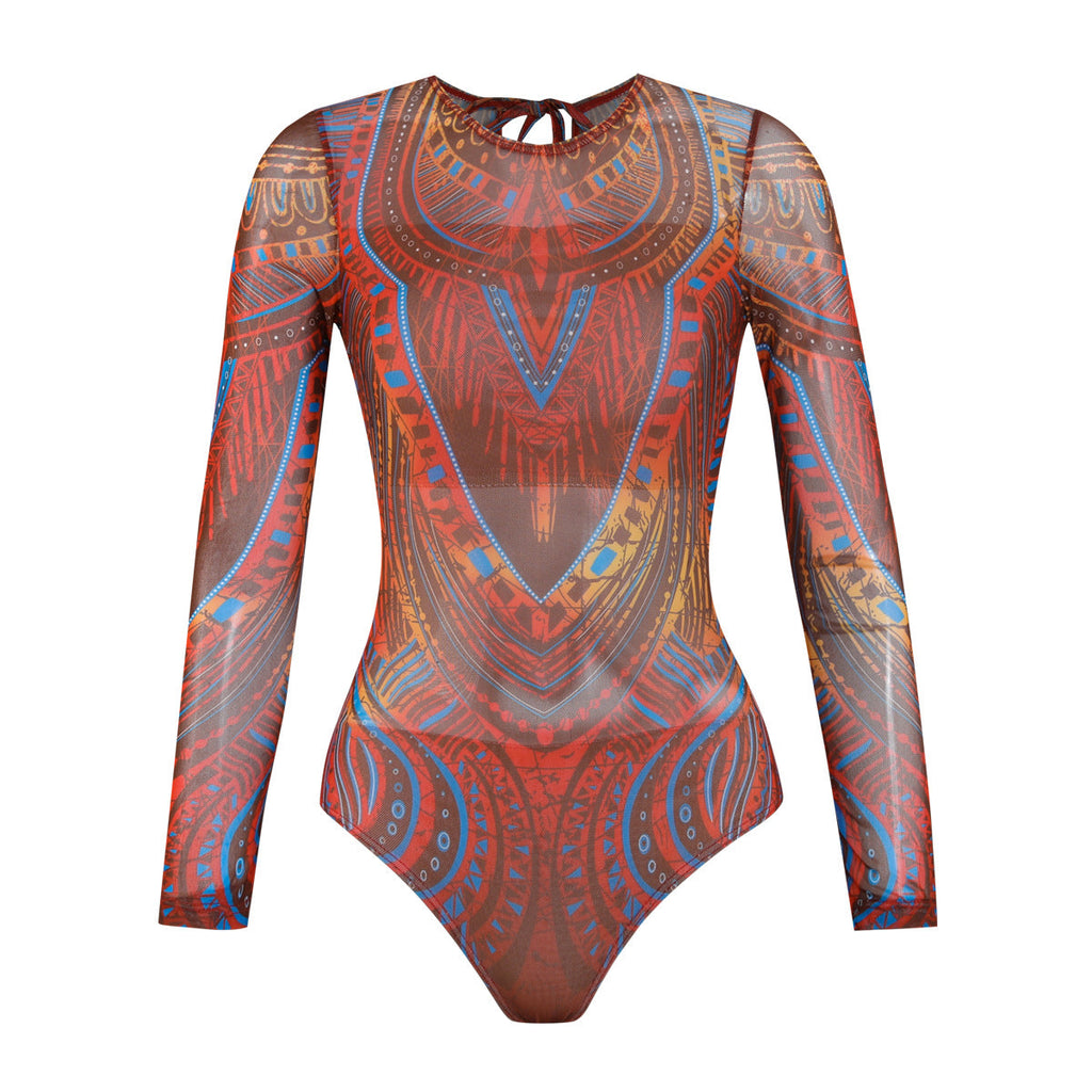 Maillot de bain à manches longues pour femmes avec motif graphique coloré R&B