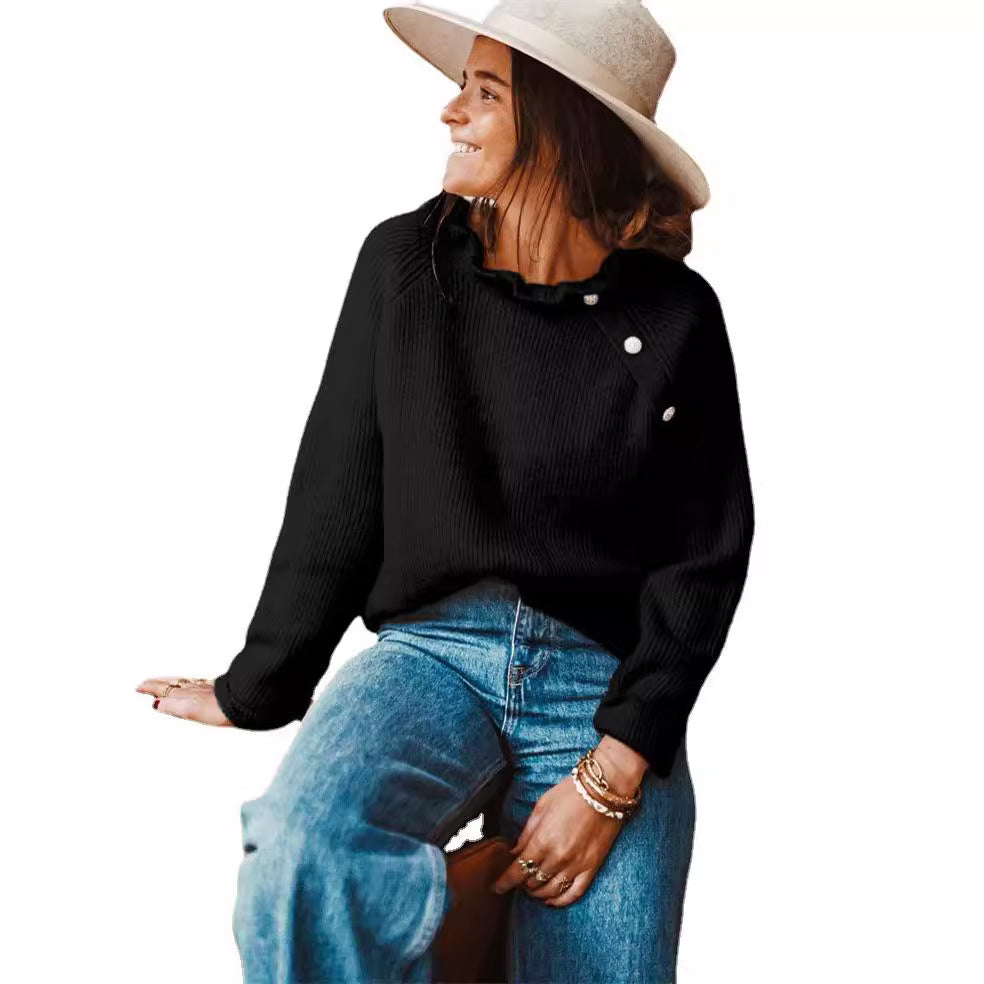Pull en maille côtelée pour femmes avec col à volants et patte de boutonnage latérale