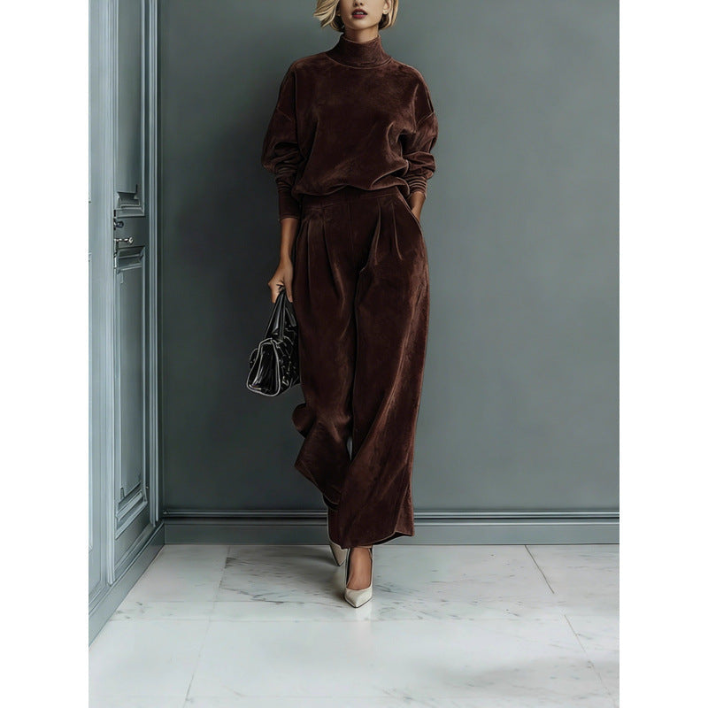 Ensemble de Loungewear en Velours à Deux Pièces pour Femmes avec Col Montant et Pantalon Palazzo Plissé Echoarchiv