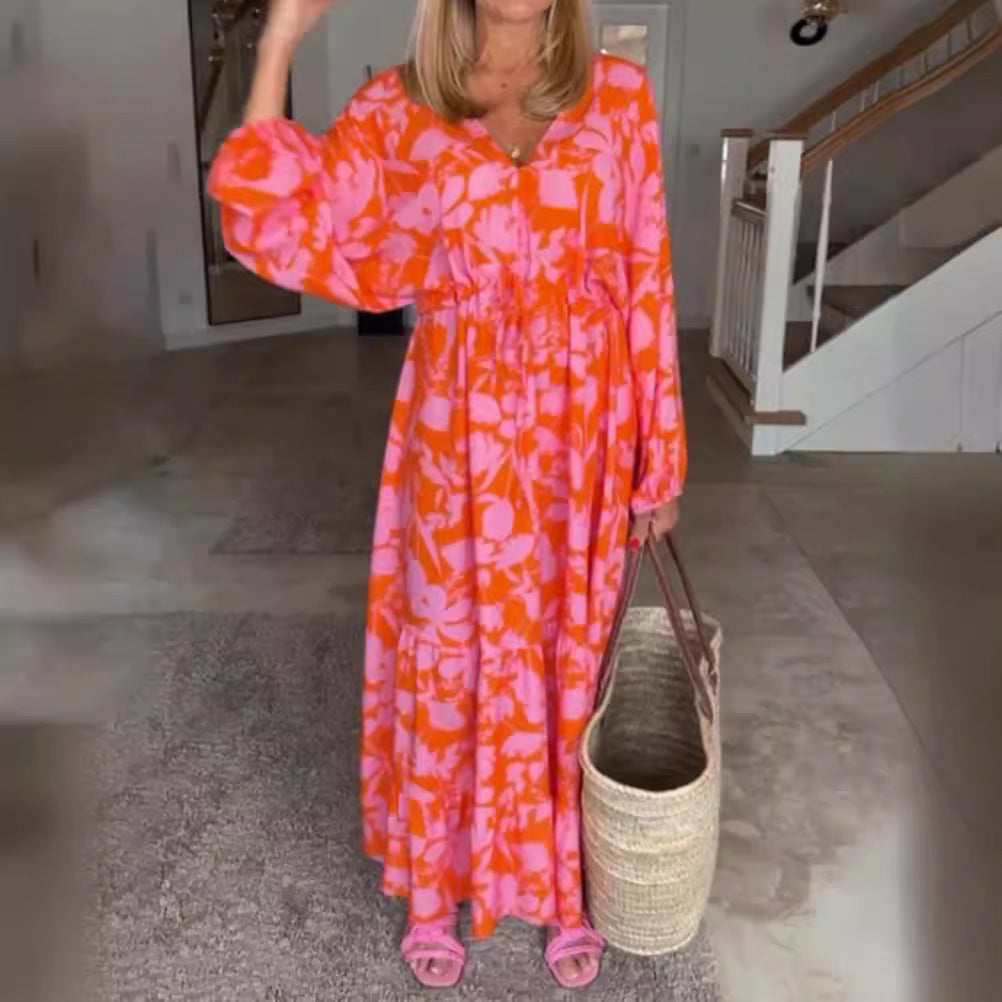 Robe maxi à volants pour femmes avec décolleté en V, taille ajustable et manches ballon R&B