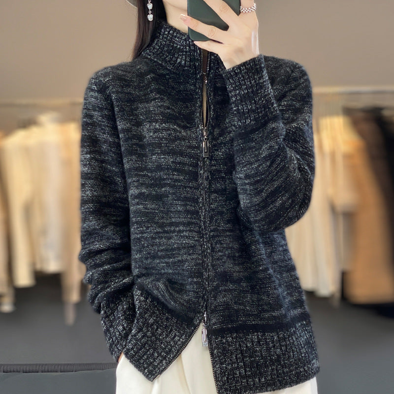 Veste en tricot pour femmes avec fermeture éclair et col montant