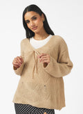 Pull-over en maille oversize pour femmes avec décolleté en V, cordon de serrage et structure en losanges