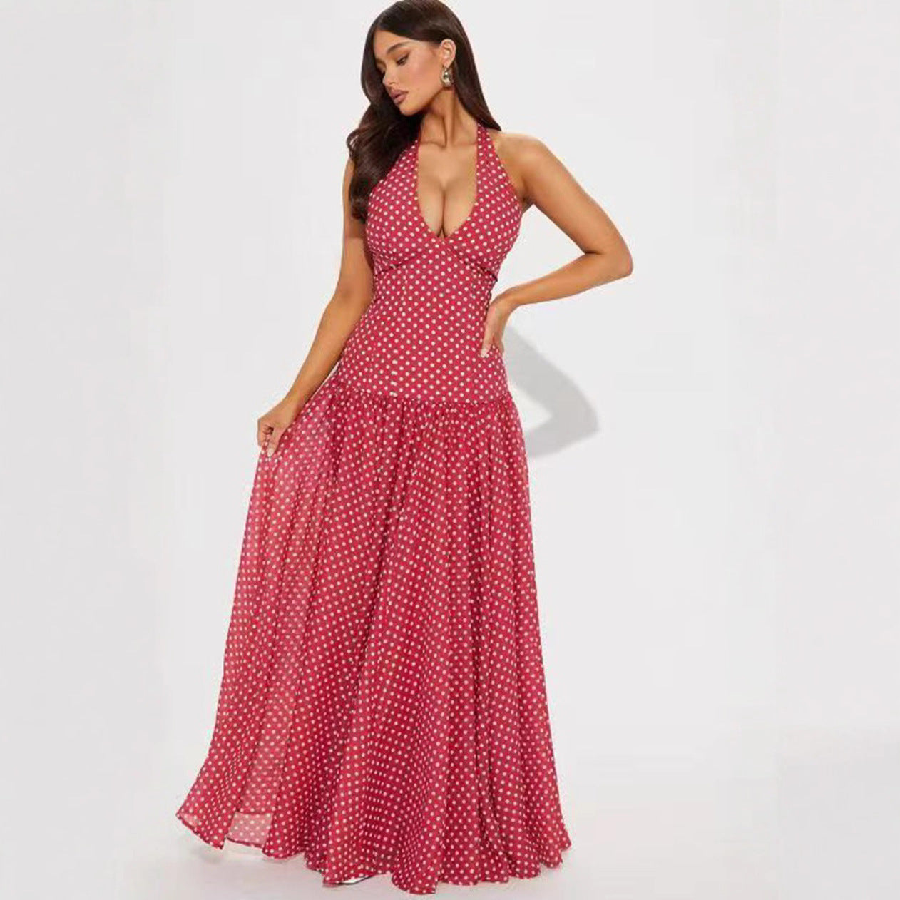 Robe longue à dos nu pour femmes avec décolleté en V profond, couture empire cintrée et jupe évasée à volants R&B