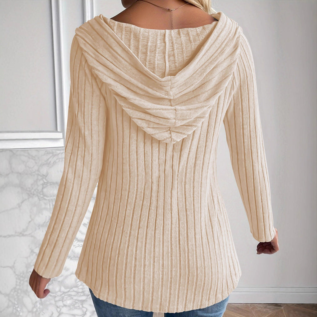 Blouse Cardigan à Capuche Rippée pour Femmes avec Boutonnage en Bois et Manches Froncées Echoarchiv