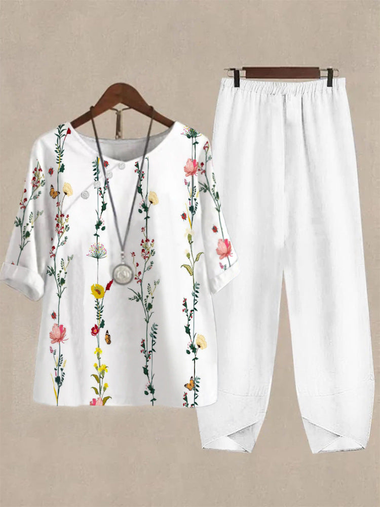 Haut de loisirs pour femmes avec motif floral et pantalon confortable R&B