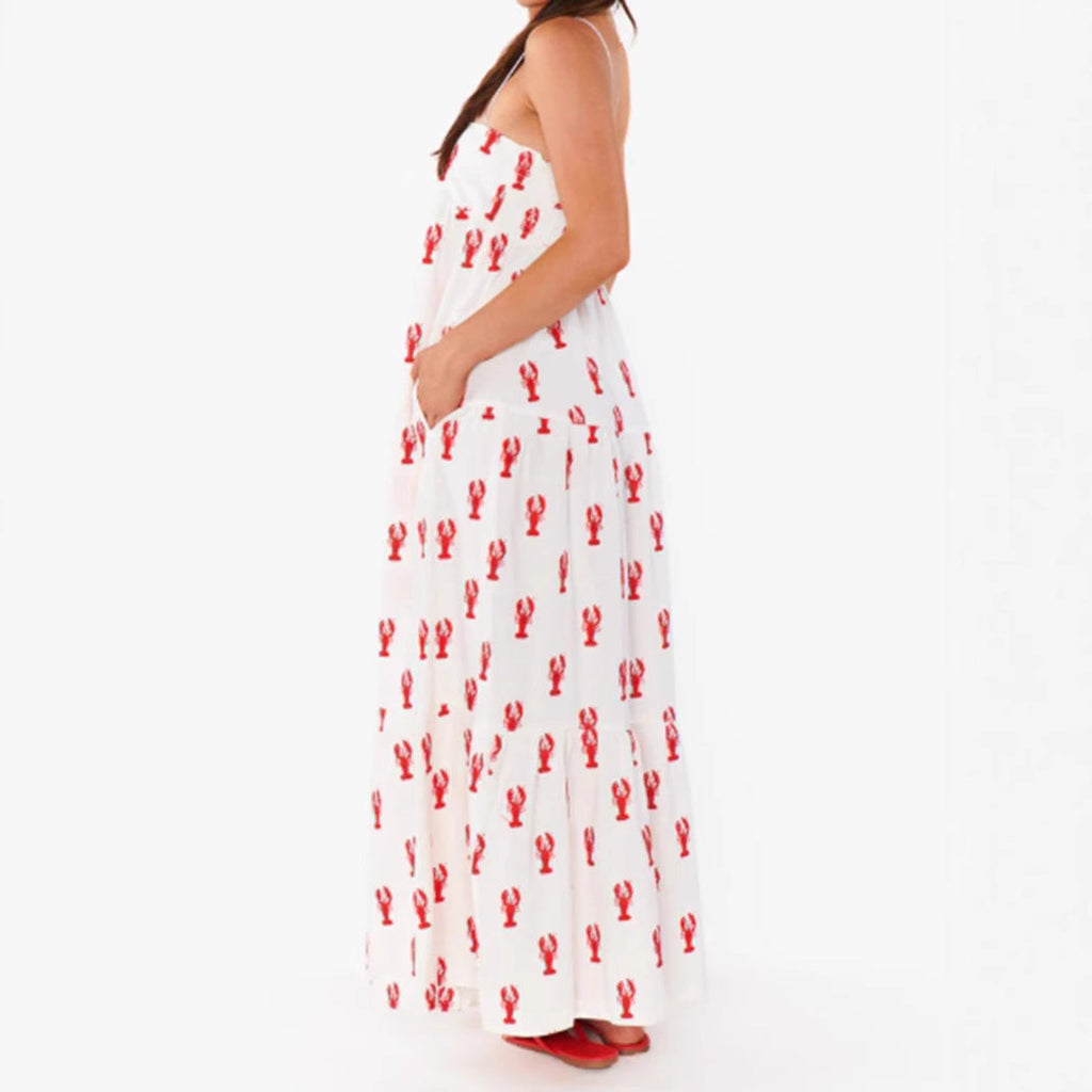 Robe maxi bandeau sans bretelles pour femme avec jupe à volants en cascade et motif homard maritime R&B