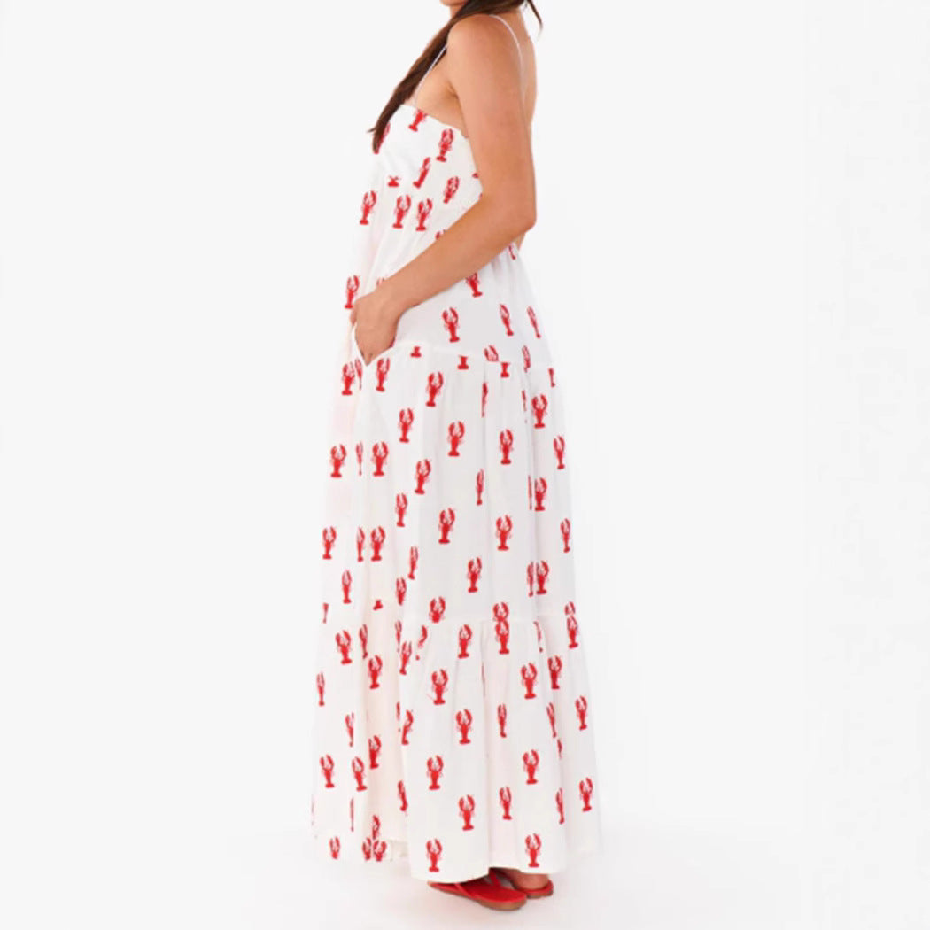 Robe maxi bandeau sans bretelles pour femme avec jupe à volants en cascade et motif homard maritime R&B