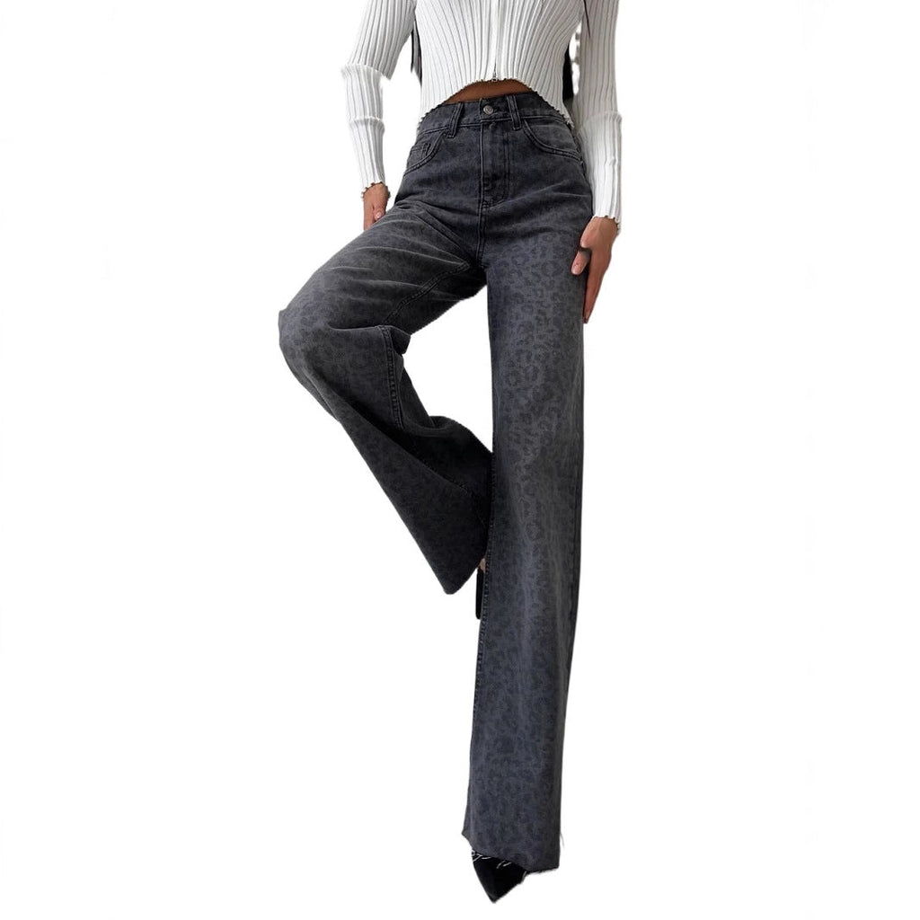 Jeans évasés taille haute pour femmes avec imprimé léopard discret, jambe large et ourlet brut Echo Archiv