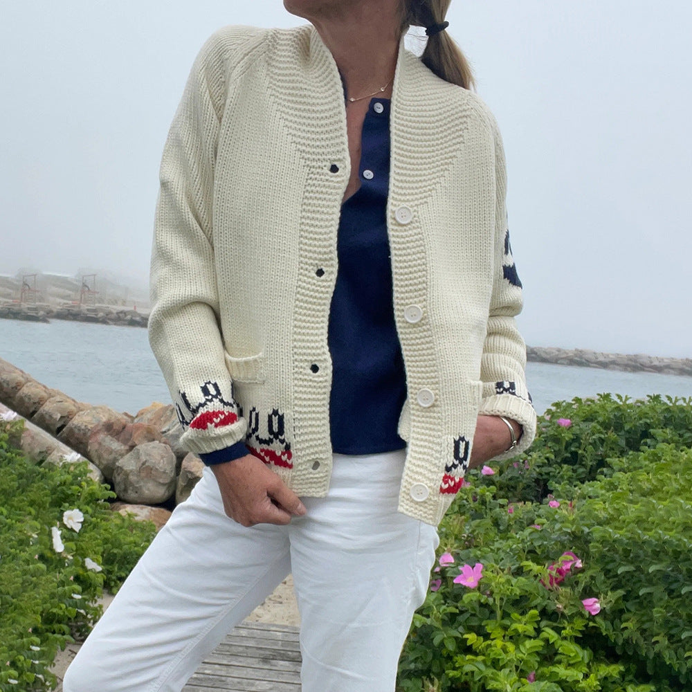 Cardigan en tricot oversize pour femmes avec motif de baleine et bordure nautique Echoarchiv