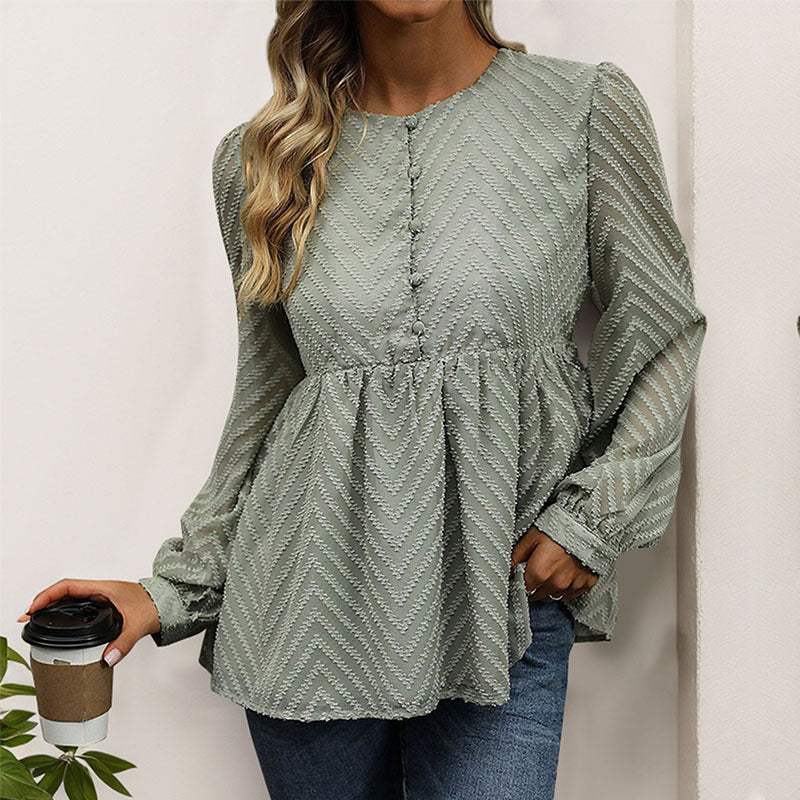 Blouse Peplum en Chiffon pour Femmes avec Structure Chevron, Taille Empire Froncée & Boutonnage Echoarchiv