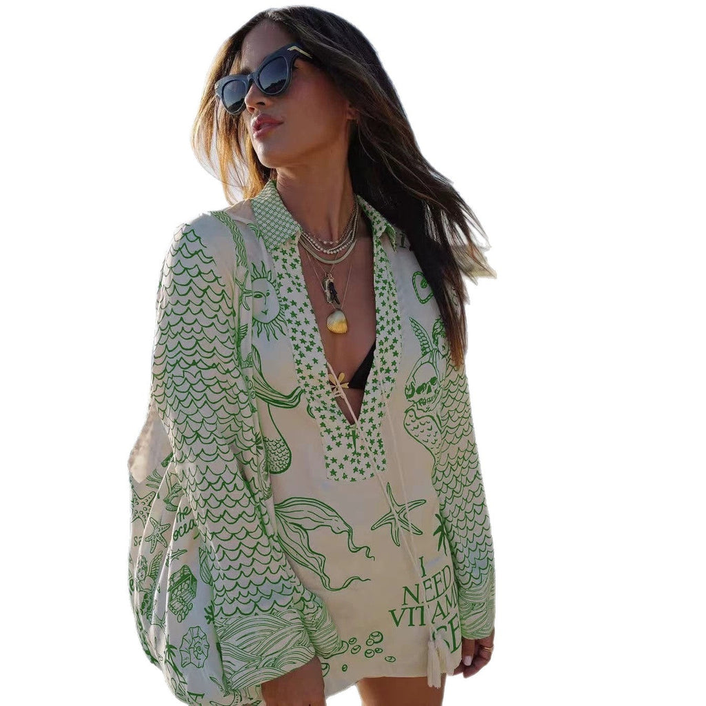 Robe de plage légère pour femmes en forme de tunique avec décolleté en V profond, fermeture à pompons et imprimé nautique R&B