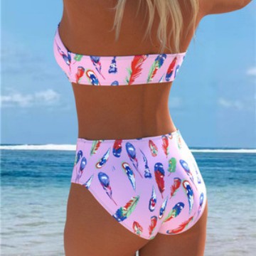 Bikini bandeau pour femmes avec un motif de plumes unique et une taille haute R&B