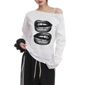 T-shirt long à manches asymétriques et décolleté off-shoulder pour femmes avec impression de lèvres double, coupe oversize décontractée et mélange de coton doux Echo Archiv