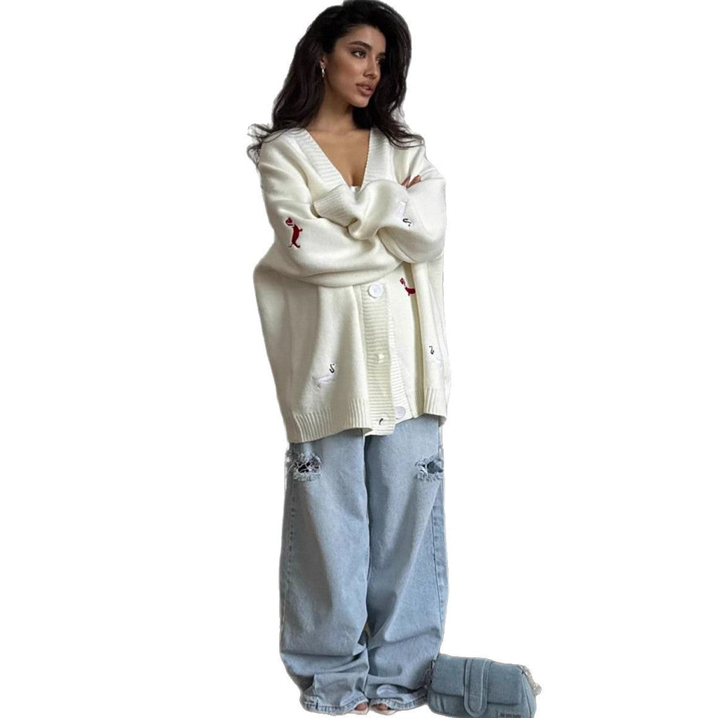 Cardigan en tricot oversized pour femmes avec motifs de teckels brodés Echo Archiv