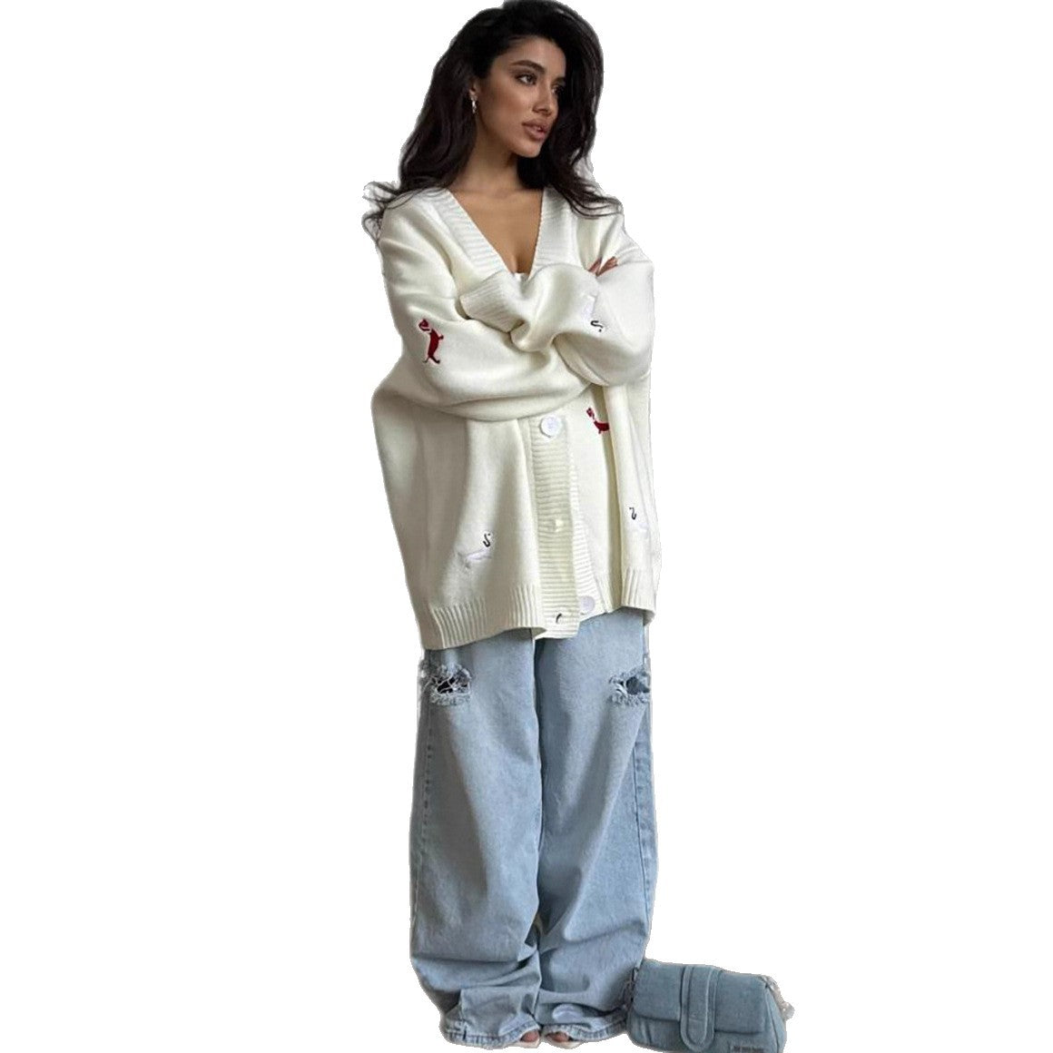 Cardigan oversized en tricot pour femmes avec motifs de teckels brodés
