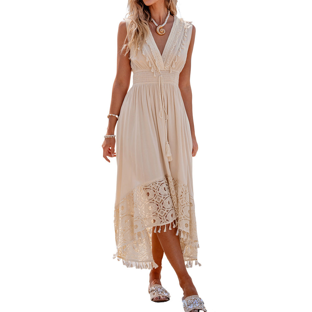 Robe maxi bohémienne pour femmes avec détails en dentelle et volants R&B
