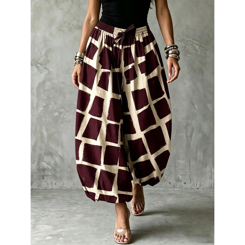 Pantalon Harem Femme Large en Style Ballon avec Taille Élastique et Motif Graphique Echoarchiv