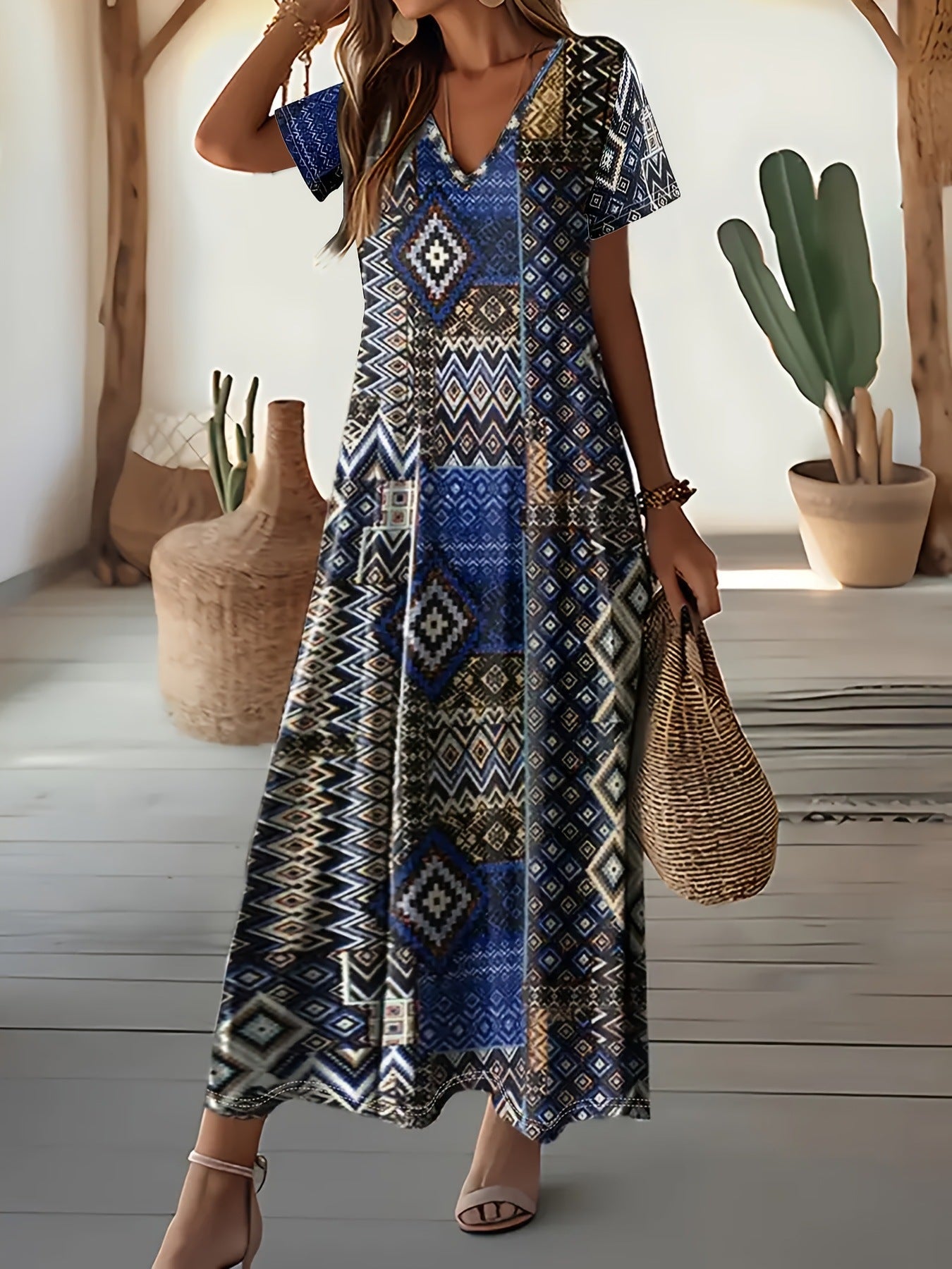 Robe maxi femme avec motif géométrique et décolleté en V R&B